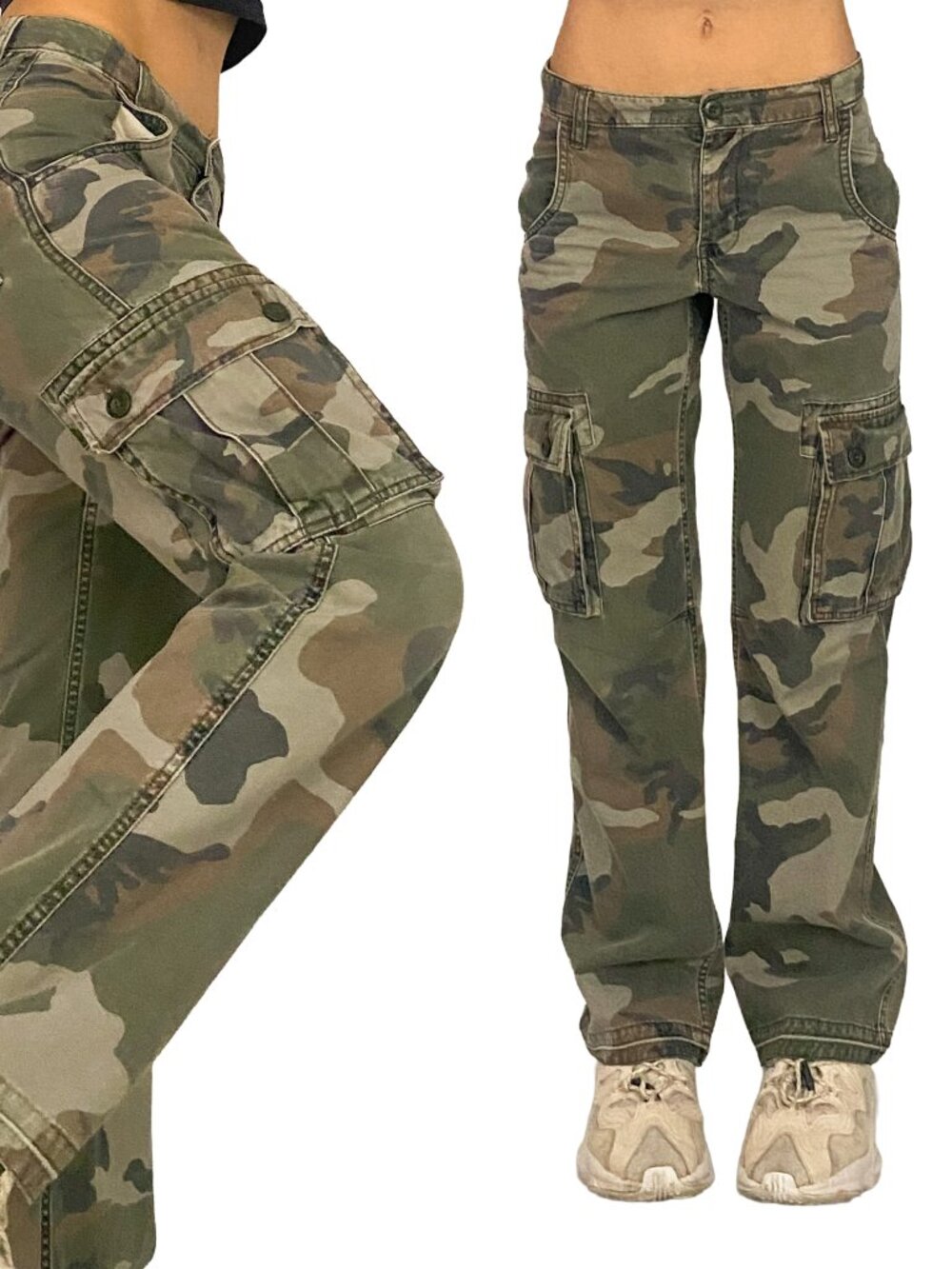 2000s green camo cargo pants by old navy. mid rise